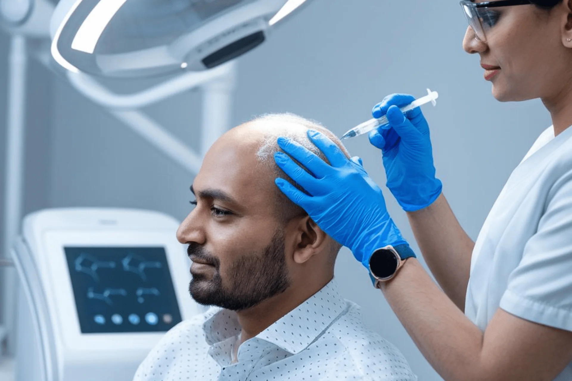PRP_3 Bald man receiving PRP treatment in Kokapet from a female doctor administering an injection to his scalp.